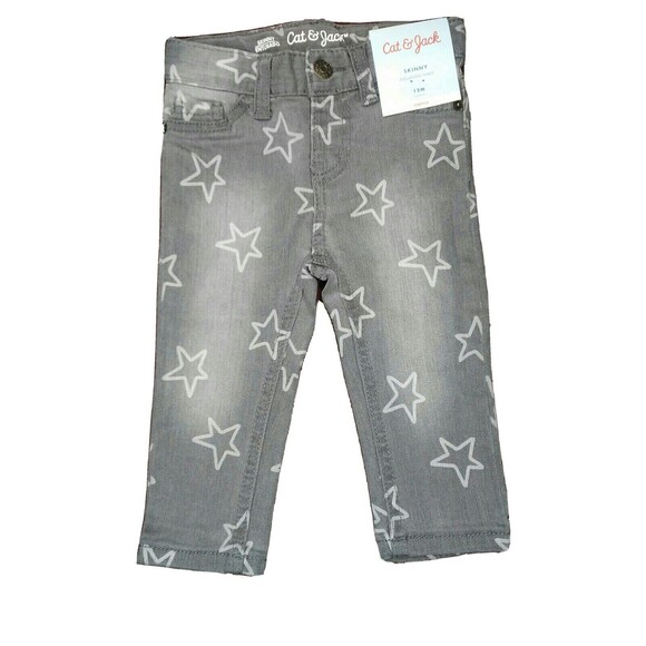 12M Toddler Girls Gray Star Stretch Denim Skinny Jeans Adj Waist Cat & Jack NWT - Picture 1 of 5